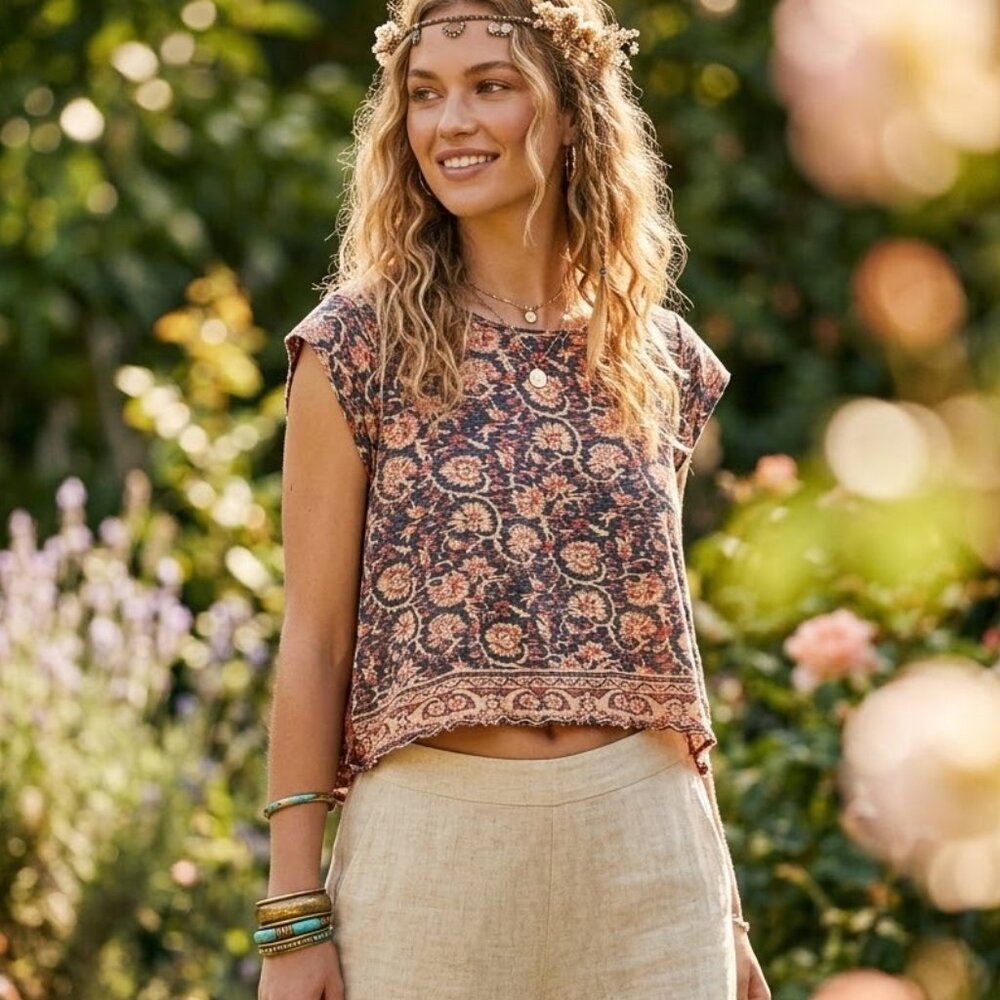 Free People High Tide Tee Bohemian Top Distressed Paisley Earth Tones size XS